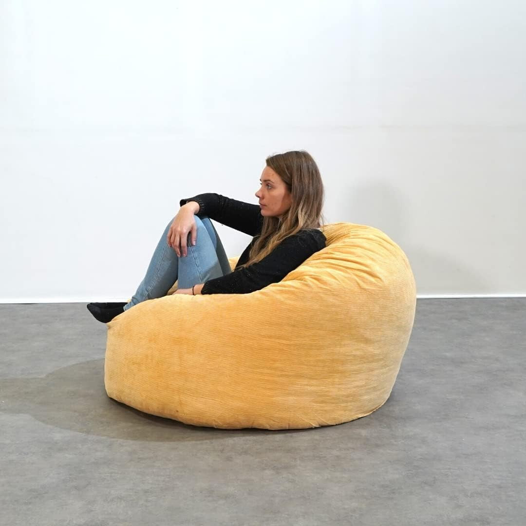 Yellow Corduroy Bean Bag Chair – Adult Lounge Seat, 100cm Foam Filled