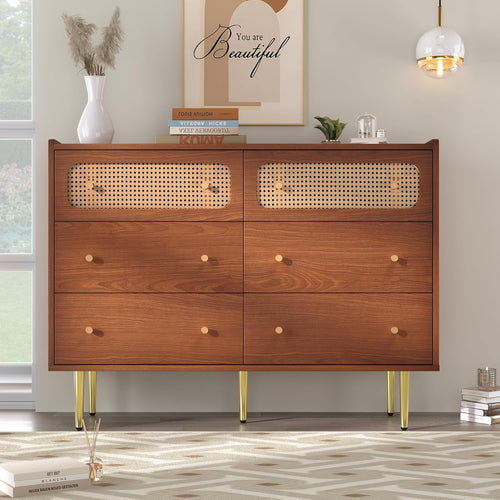 Rustic Walnut Sideboard Cabinet with 6 Drawers, Rattan Storage, Metal Handles