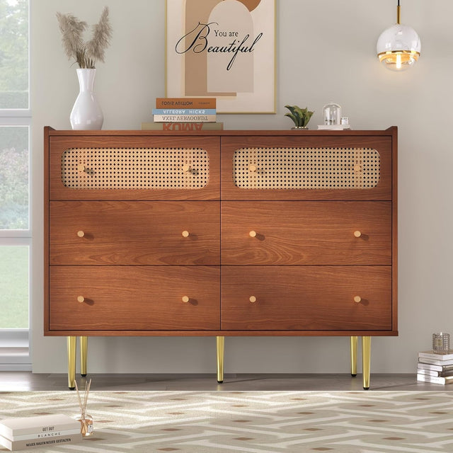 Rustic Walnut Sideboard Cabinet with 6 Drawers, Rattan Storage, Metal Handles