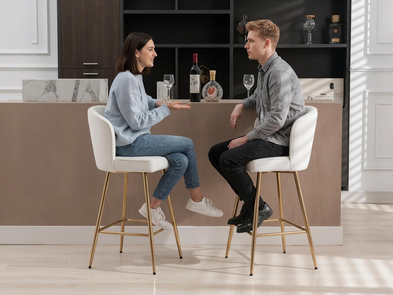 Set of 2 Beige Velvet Bar Stools with Gold Metal Legs Adjustable Counter Chairs