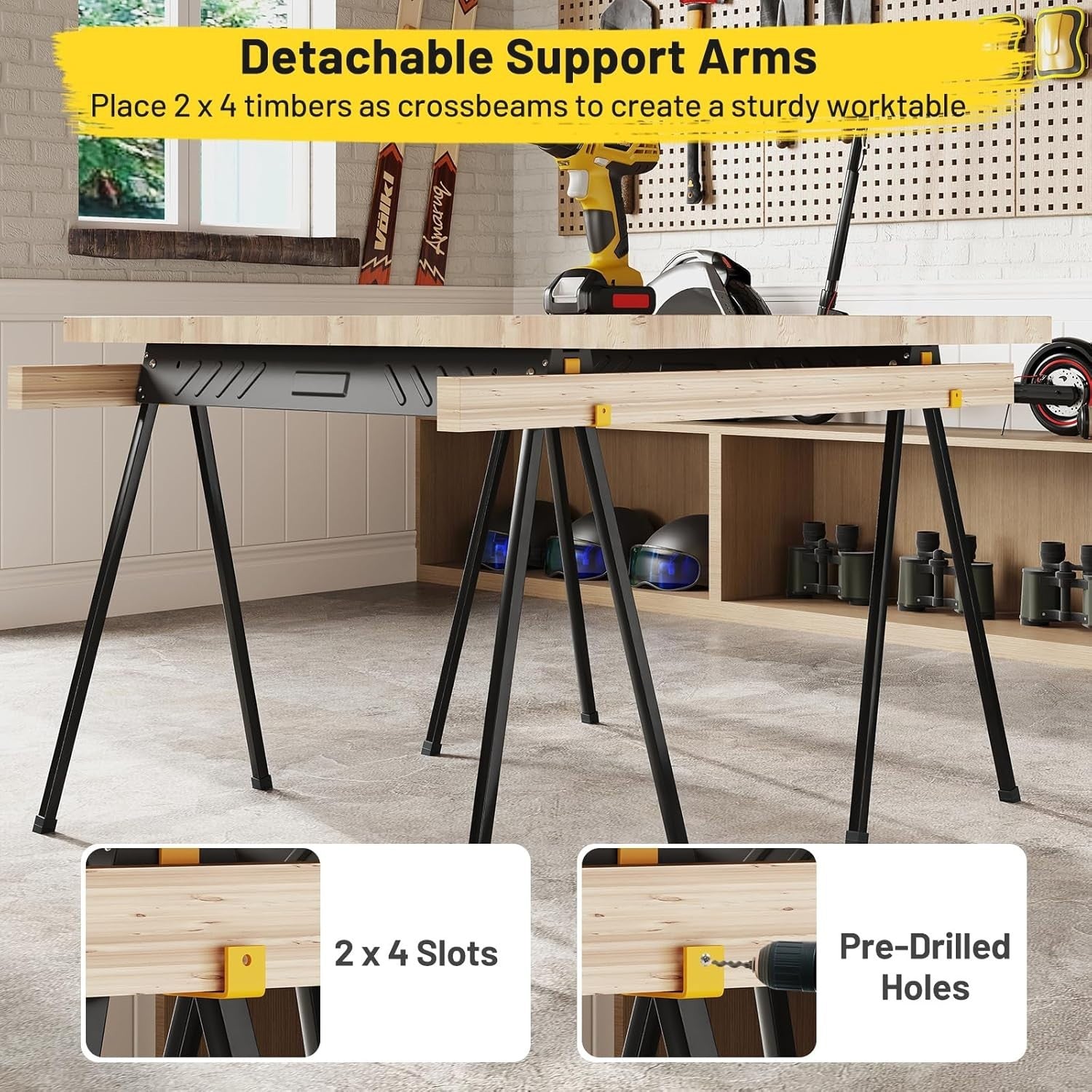 Folding Sawhorse Twin Pack Heavy Duty 1000kg 2x4 Support Arms Black 94x47