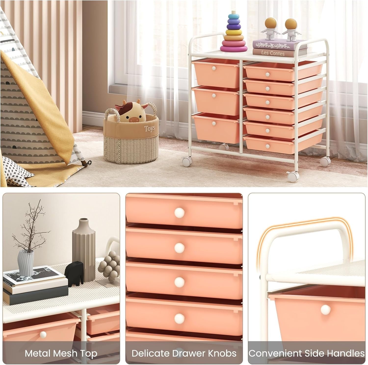 Pink 9 Drawer Mobile Storage Cart Rolling Beauty Organizer Trolley