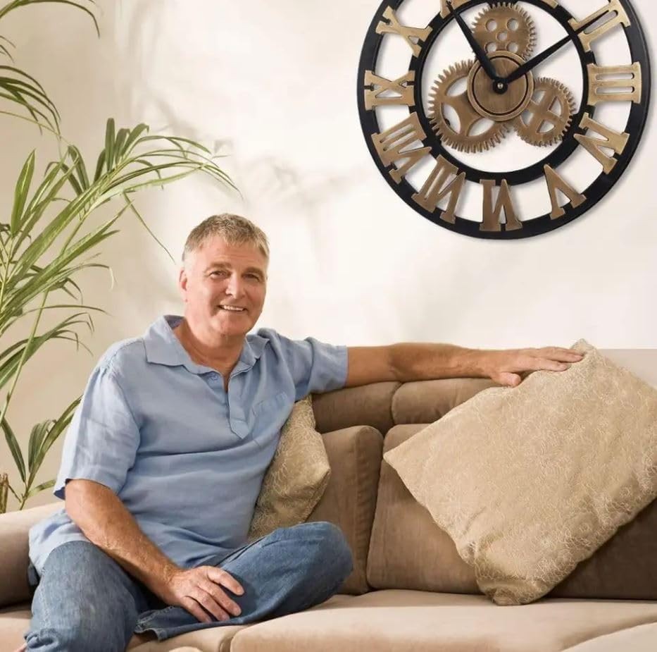 60cm Large Gold Roman Numeral Wall Clock Wood Open Face Silent Quartz Vintage