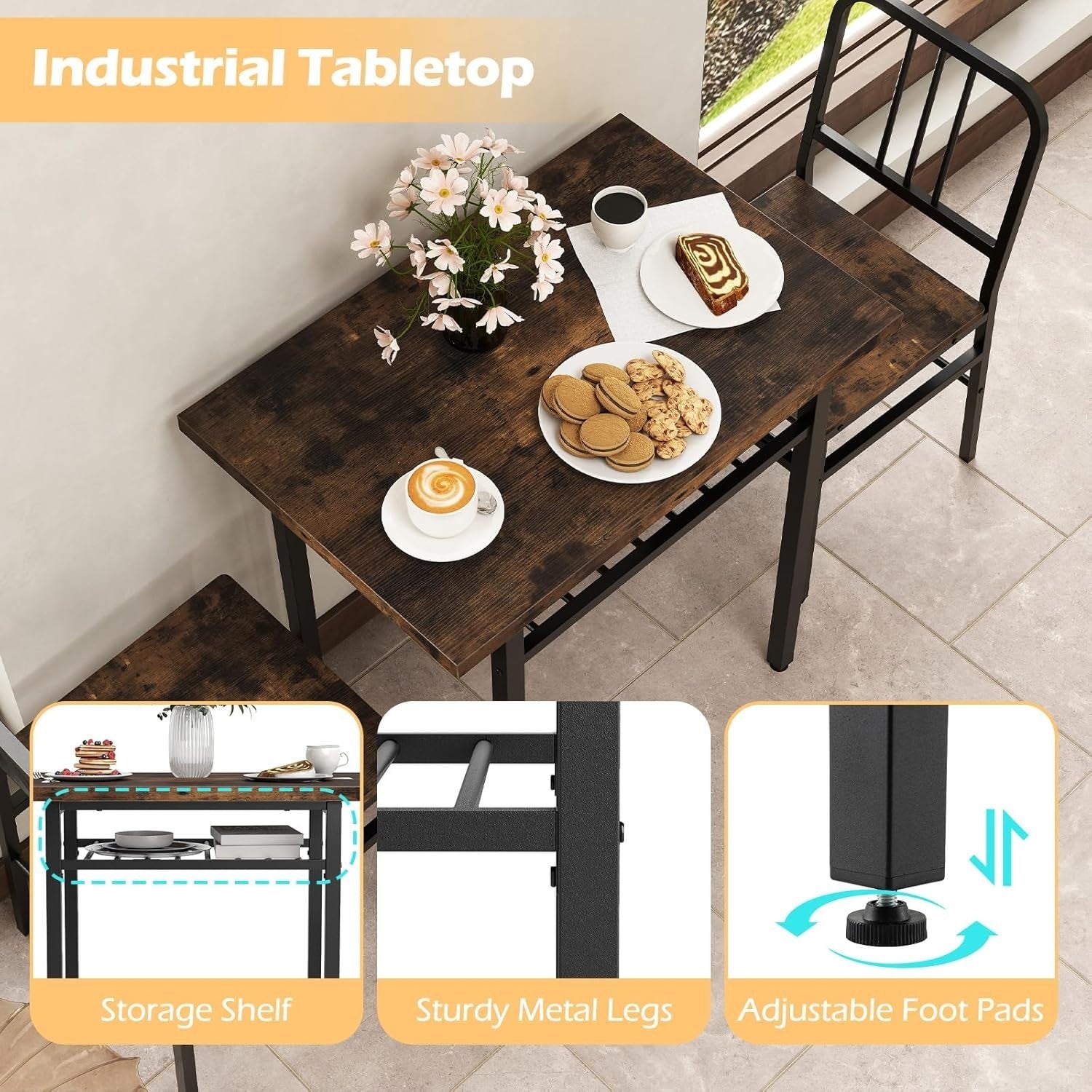 Rectangular 3-Piece Kitchen Dining Set with Storage Rack & Metal Frame Chairs