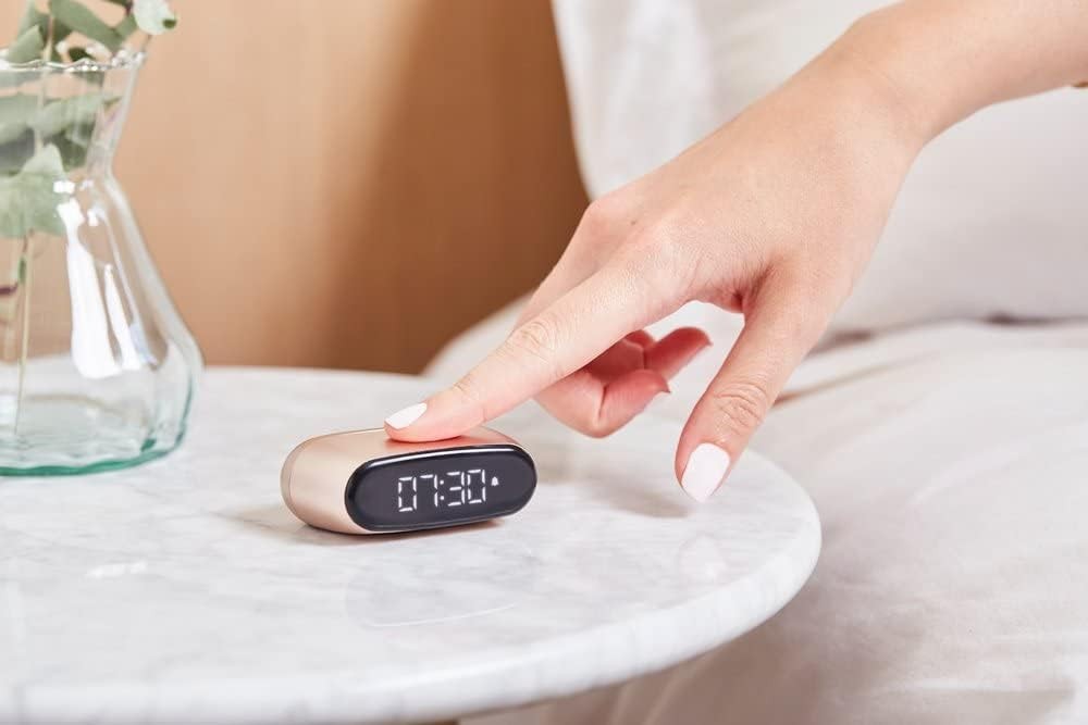 Mini Digital Alarm Clock Gold Rechargeable Touch Snooze Compact Bedside