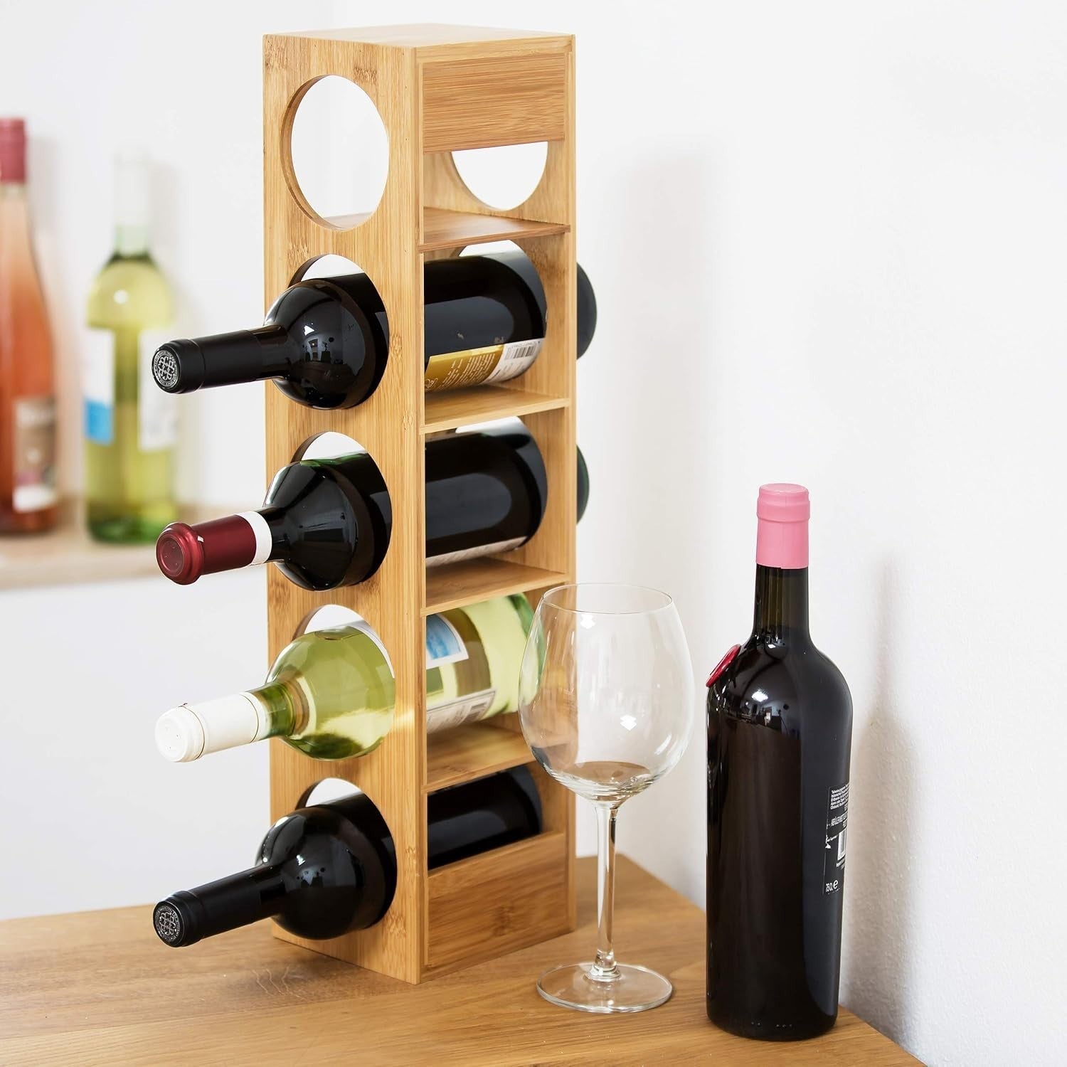Bamboo Wine Rack 5 Tier Bottle Holder for 5 Bottles Modern Freestanding Storage