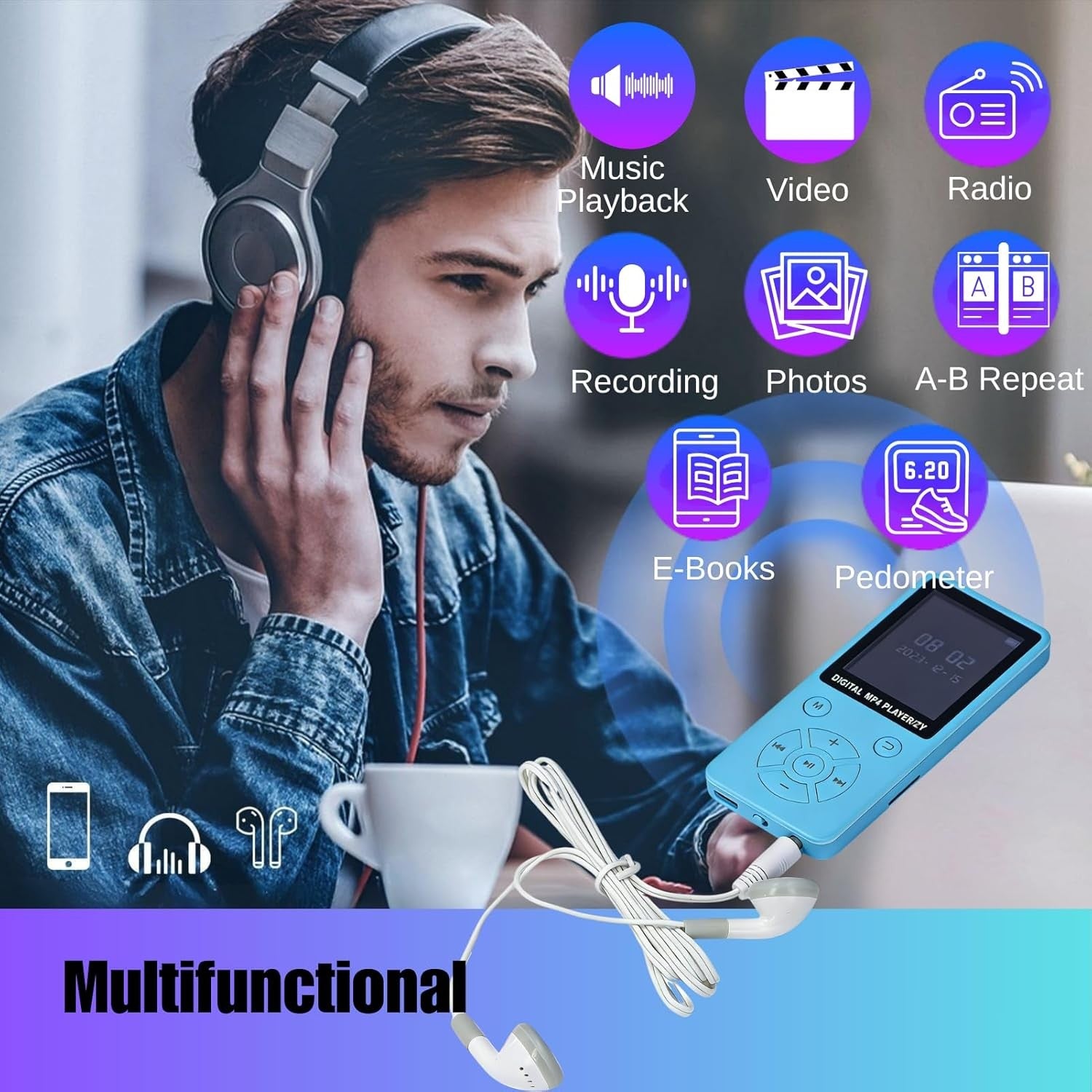 64GB Bluetooth 5.0 MP3 MP4 Player 1.8" LCD FM Radio Blue