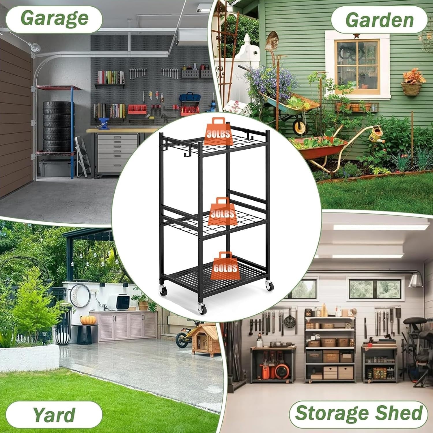 Black Metal Garden Tool Organizer 35 Slots 3 Shelves Wheels Rack