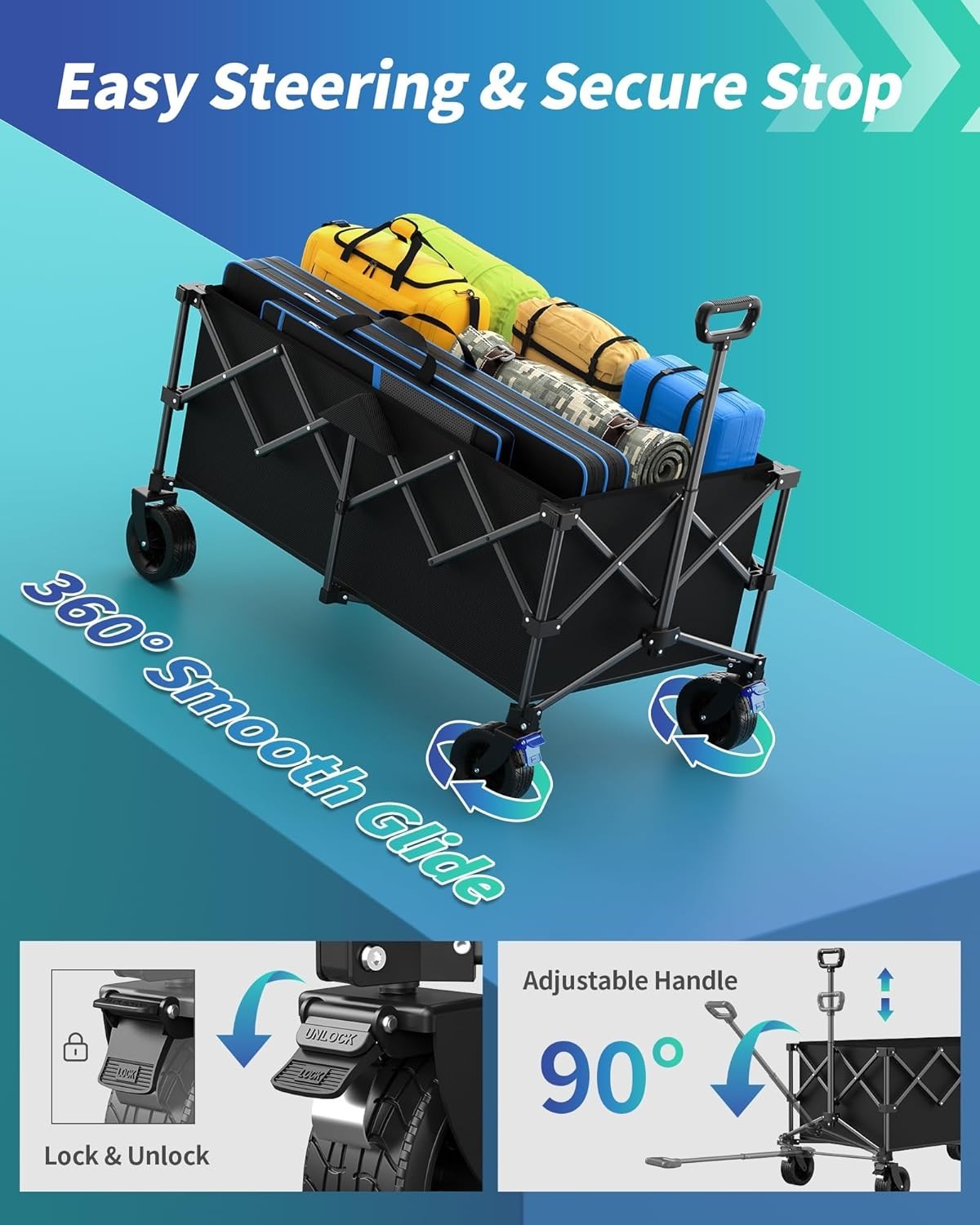 Black 230L Heavy Duty Folding Camping Wagon Festival Trolley Adjustable Handle