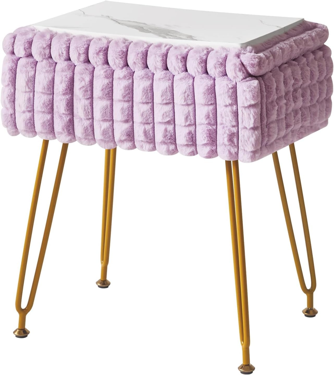 Purple Rectangular Vanity Stool with Storage Padded Makeup Chair with Metal Legs
