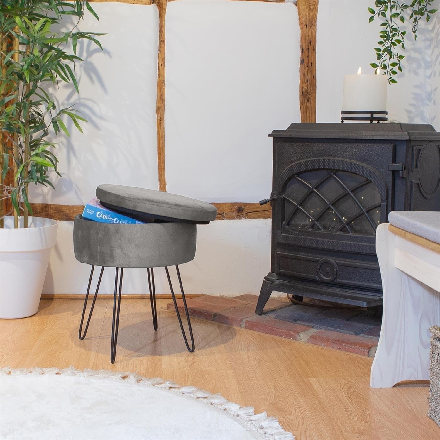 Set of 2 Grey Velvet Storage Footstools Black Legs Modern Round Pouffes