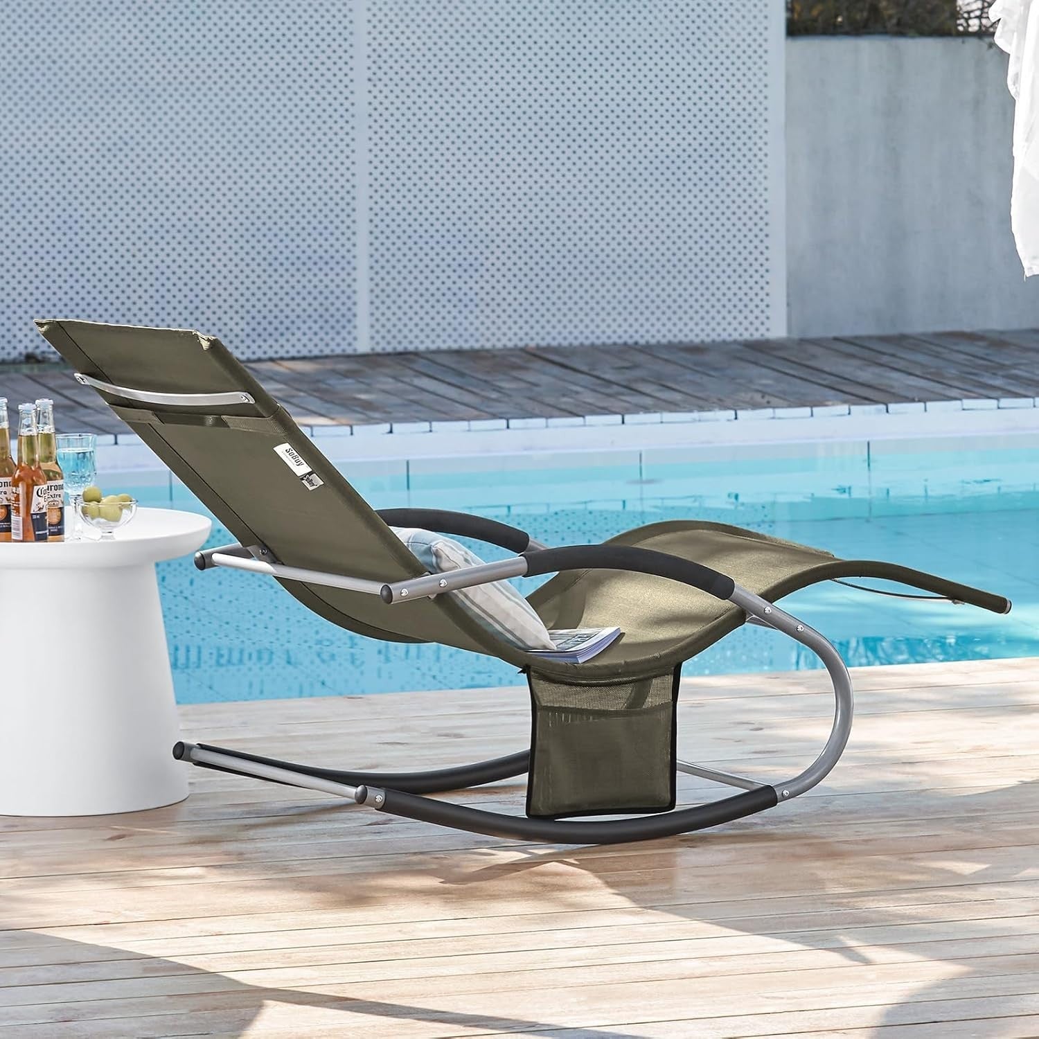 Outdoor Garden Recliner Chair with Cushioned Pillow, Side Pocket & Rocking