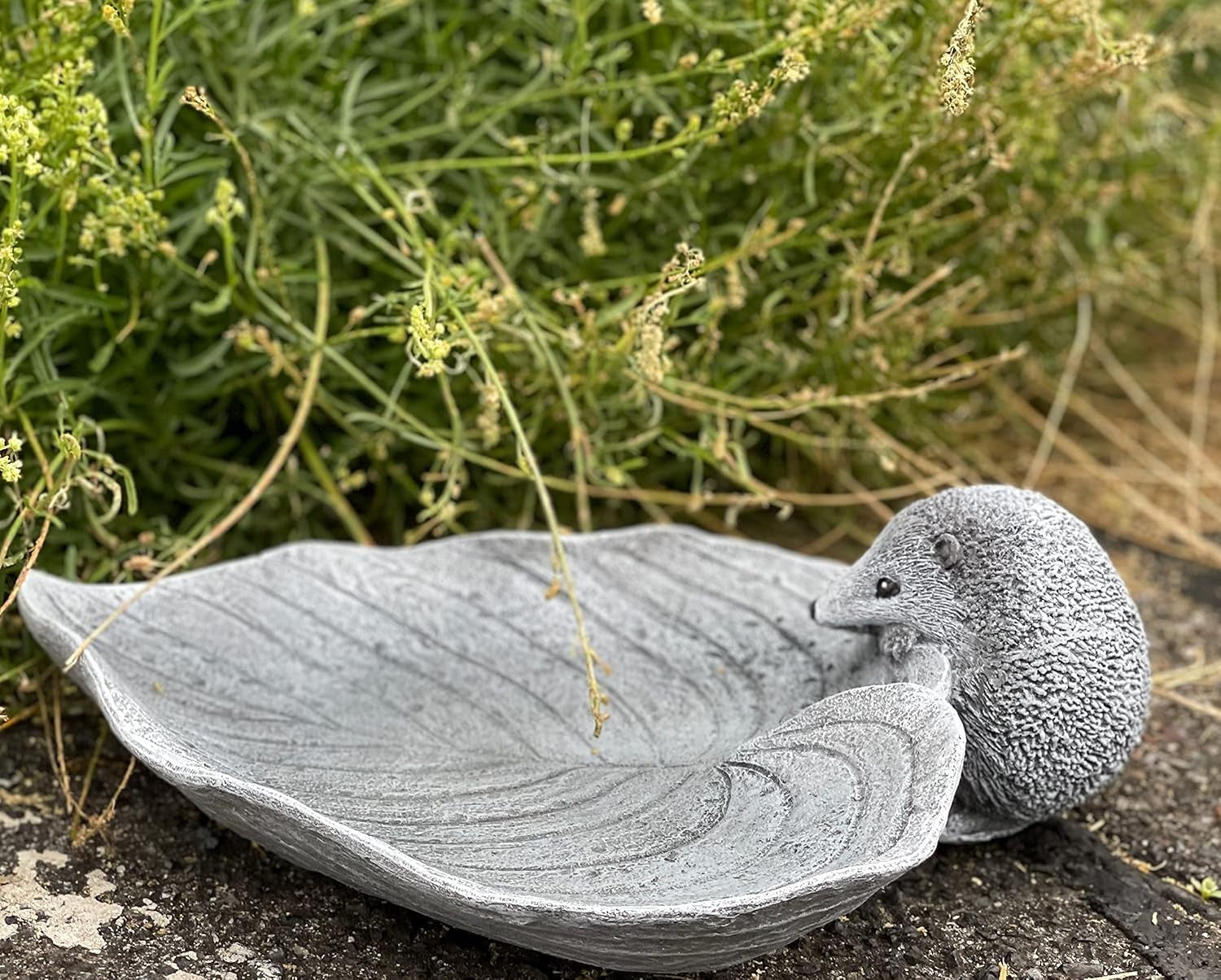 Hedgehog Leaf Stone Bird Bath Outdoor Garden Ornament Frost-Proof