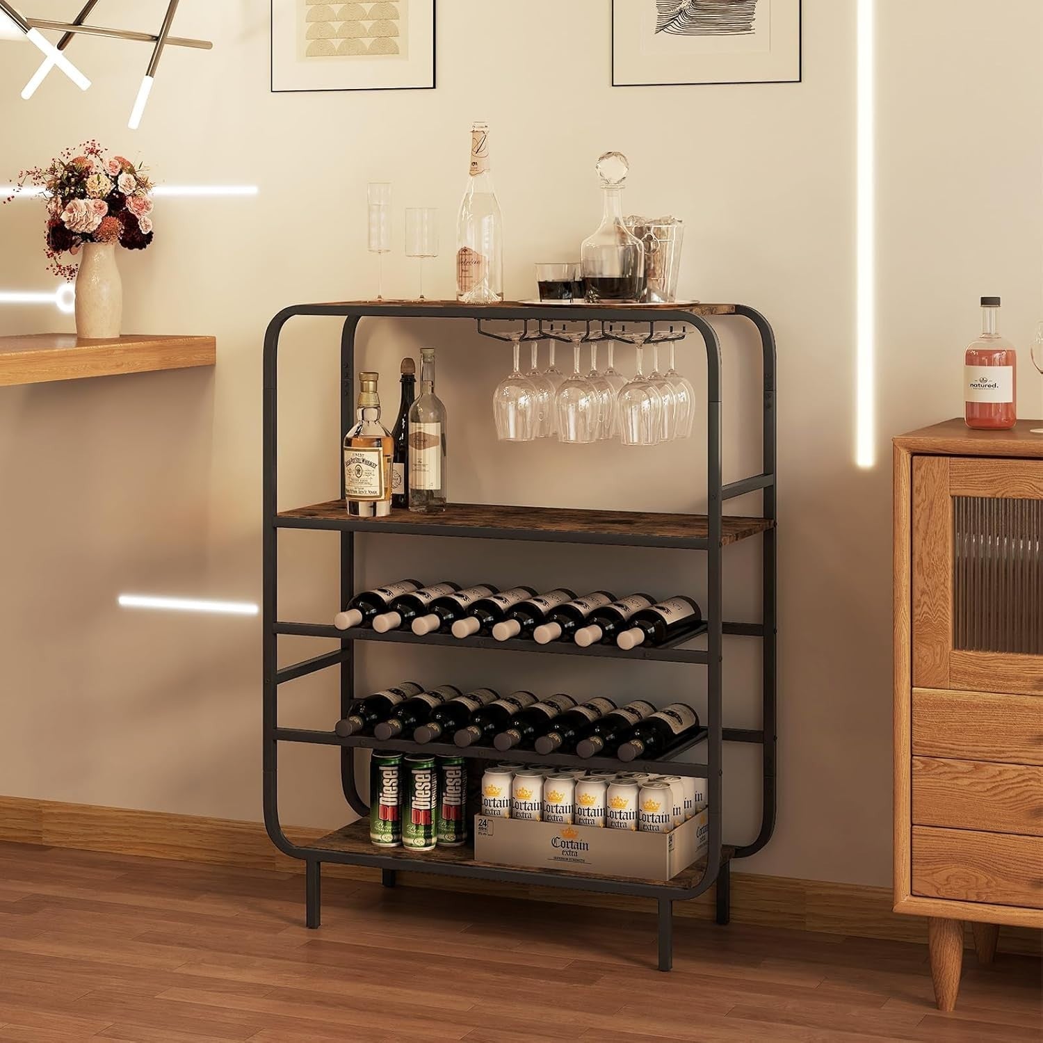 5 Tier Wine Rack Cabinet 16 Bottle Storage with Glass Holder Industrial Home Bar