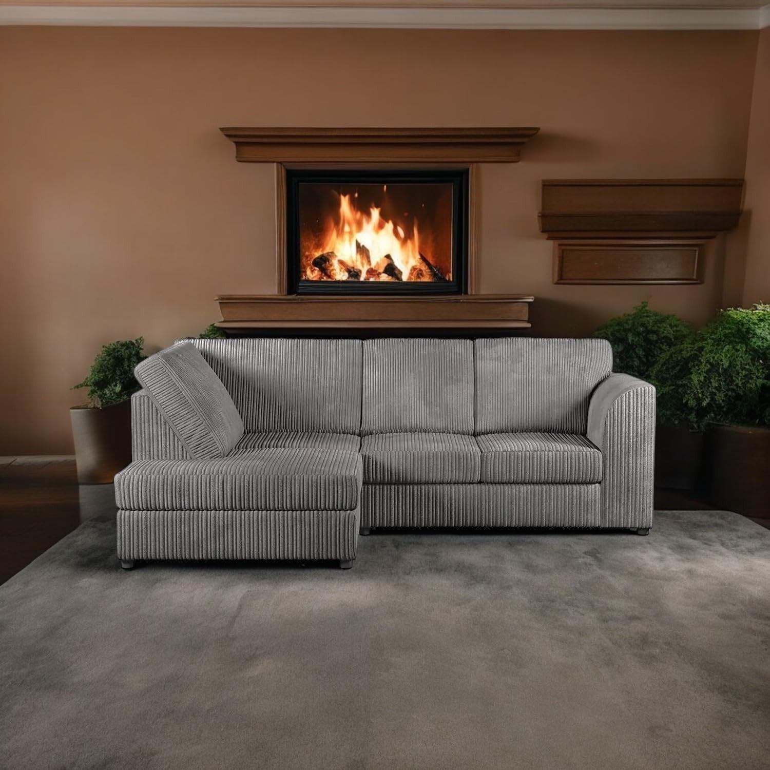 L-Shaped Jumbo Cord 4-Seater Left Hand Corner Sofa Grey High Back