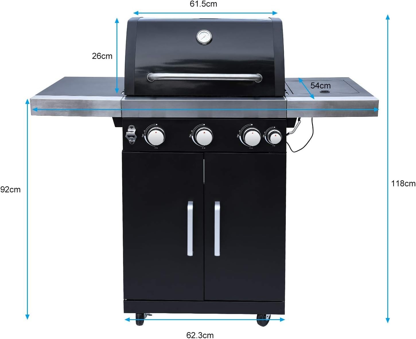 4 Burner Gas BBQ Grill with Side Burner, Storage Cabinet & Thermometer Outdoor