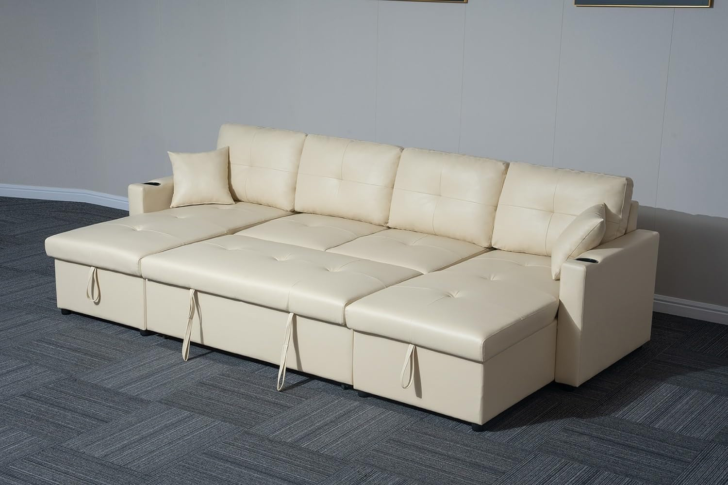 Cream U-Shaped 4 Seater Sofa Bed with Storage Ottoman & Pull-Out Sofa