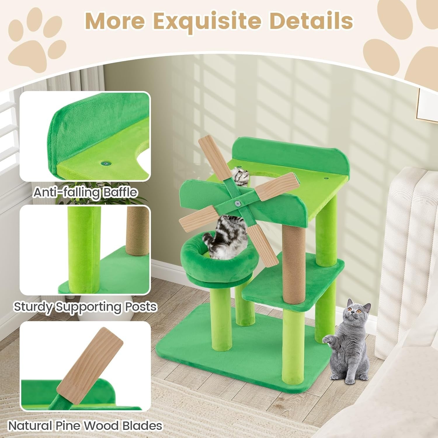 Green Windmill Cat Tree Multi-Level Scratching Tower Indoor Play Center
