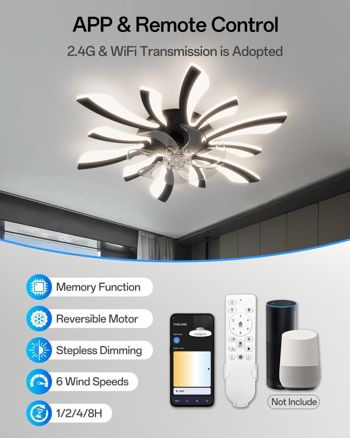 Smart Ceiling Fan with Lights 78cm, 6 Speeds, Dimmable LED, Remote