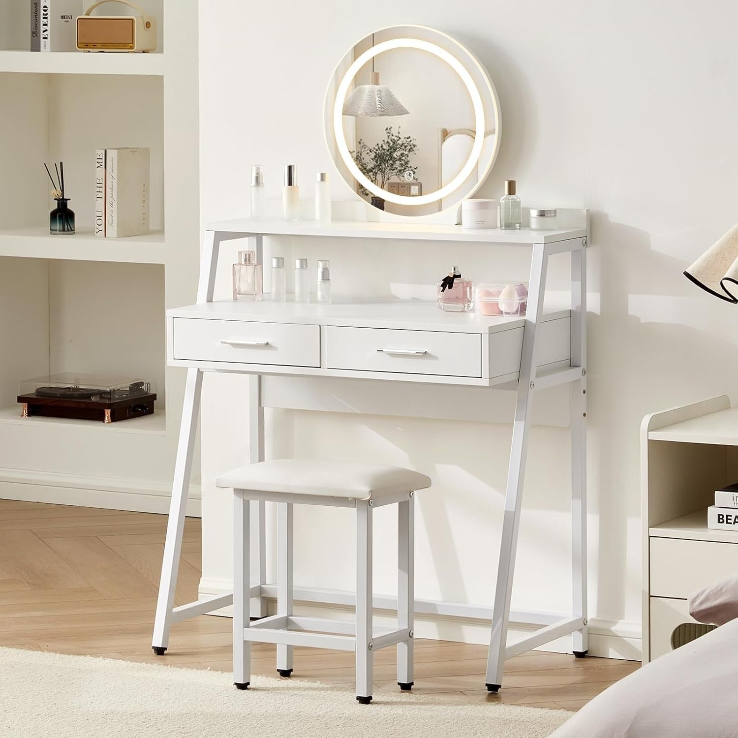European Makeup Vanity Desk Lighted Mirror LED 3 Color 4 Drawers Storage Shelf