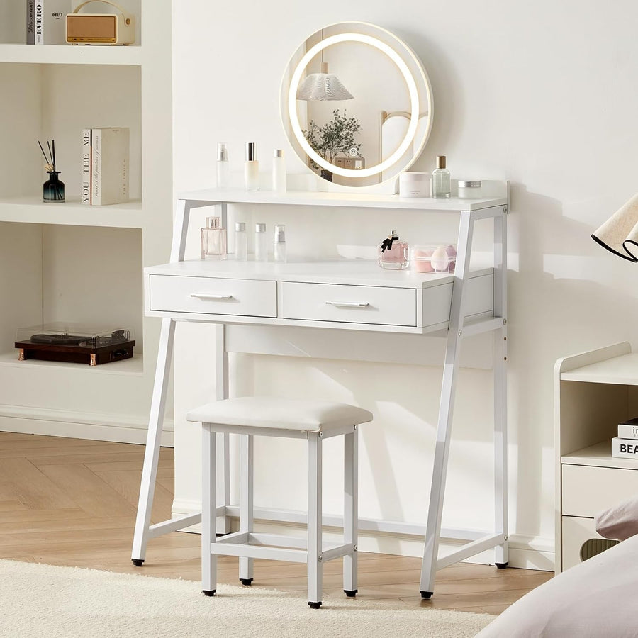 European Makeup Vanity Desk Lighted Mirror LED 3 Color 4 Drawers Storage Shelf