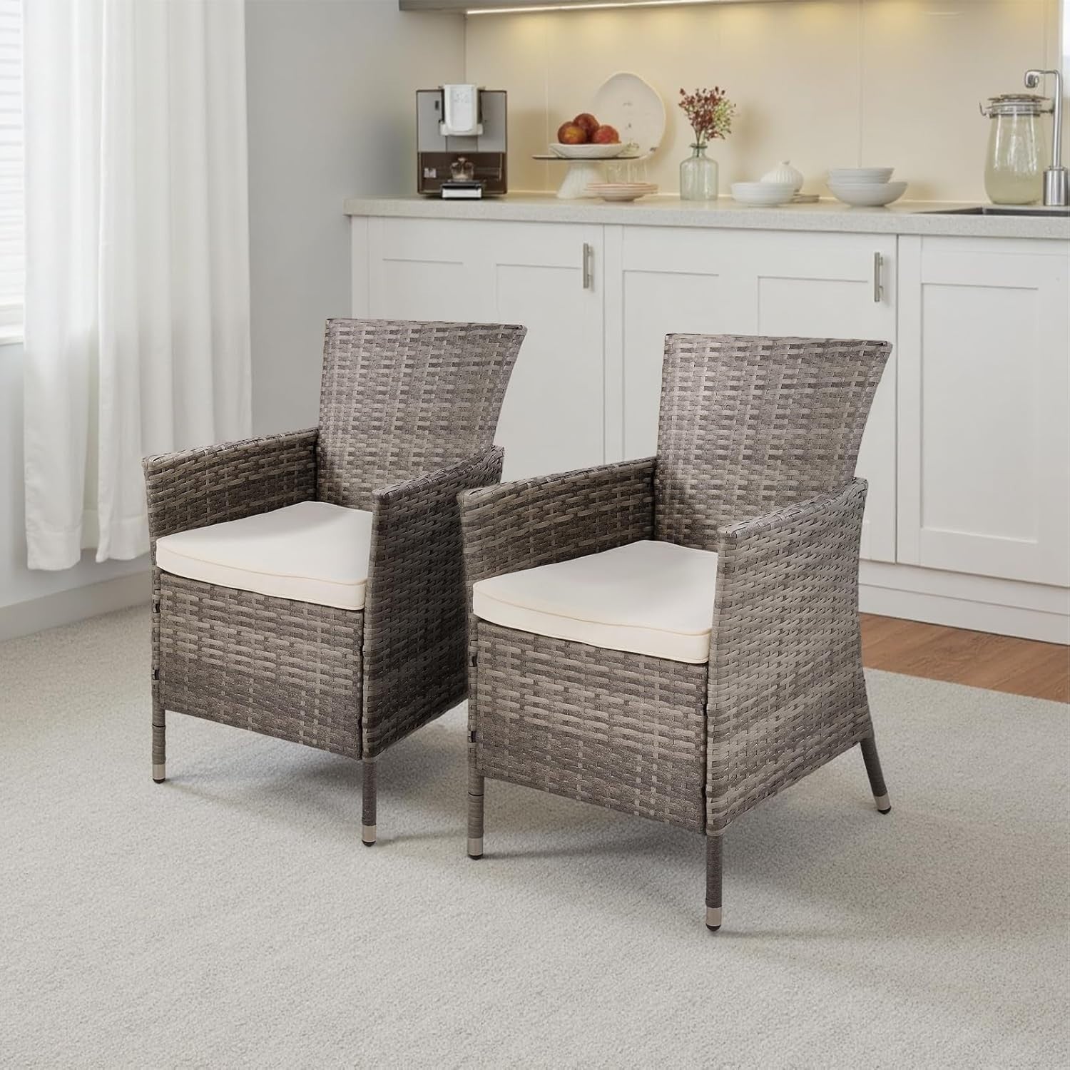 Grey Rattan Garden Dining Chairs Set of 2 High Back Cushioned Patio Armchairs