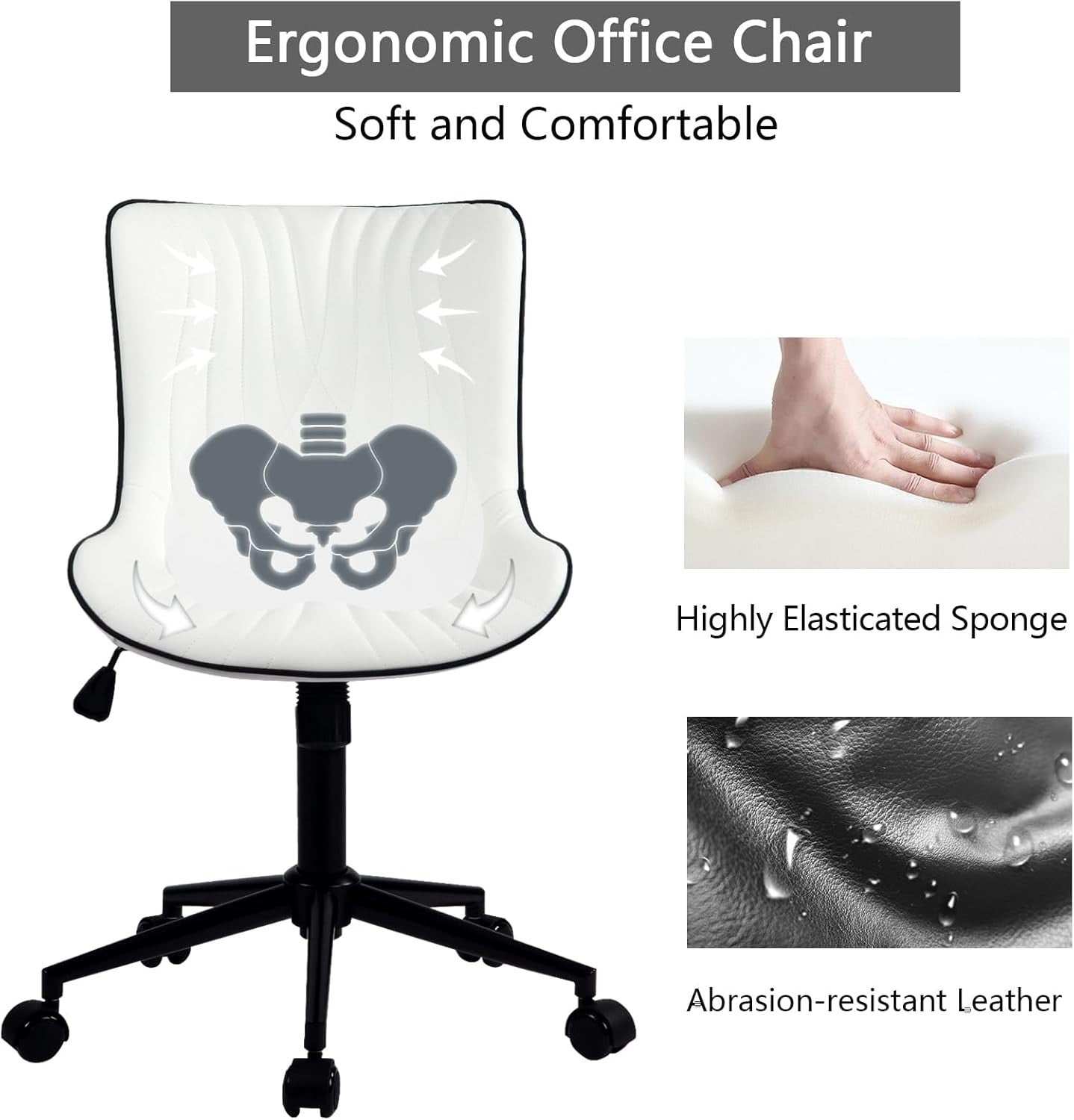 Ergonomic Office Chair White Faux Leather Desk Chair Adjustable Swivel Wheels