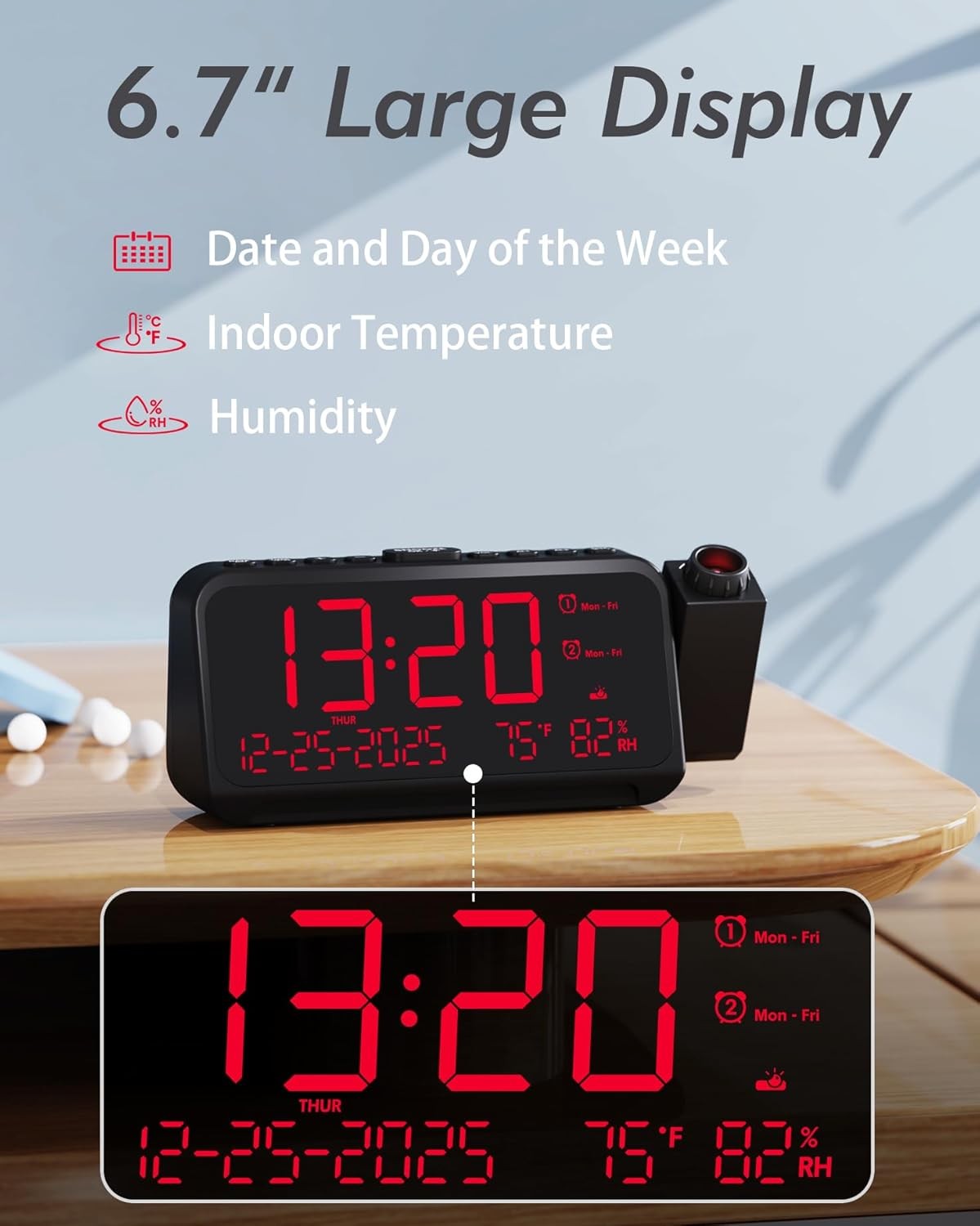 Projection Alarm Clock Ceiling Large Display Dual Alarm Temp Humidity Loud