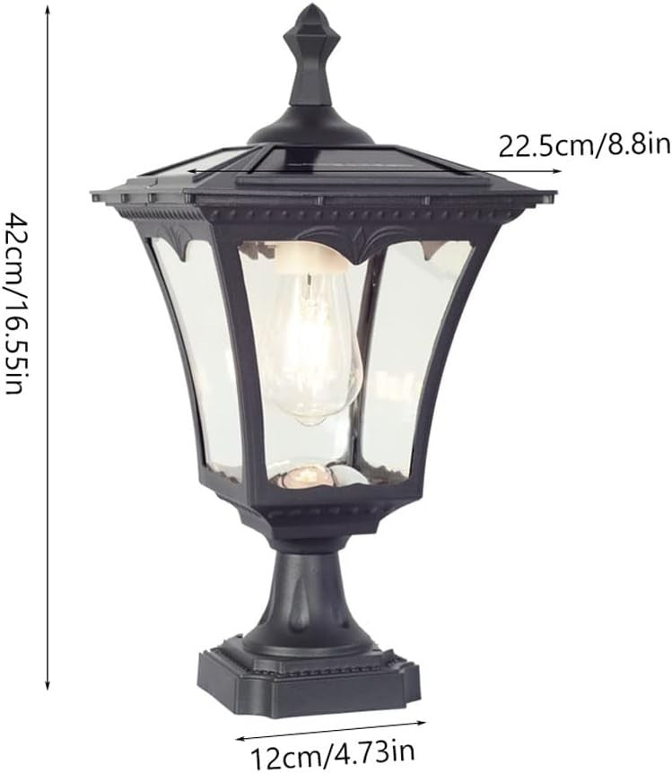 16.5" Solar Post Cap Pillar Light – IP65 Noir 6000K Glass Lantern