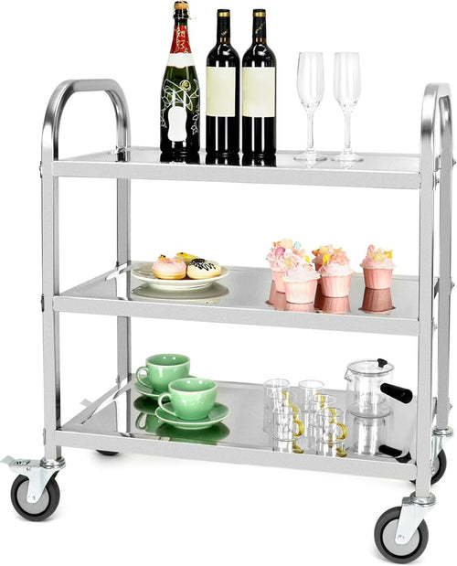 3 Tier Stainless Steel Kitchen Trolley on Wheels Serving Cart with Brakes