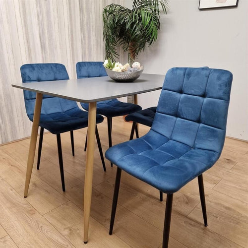 Modern Grey Dining Table Set with 4 Blue Velvet Chairs for Kitchen Home