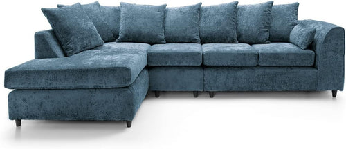 Large Dark Blue Chenille Corner Sofa – Modern L Shape 5 Seater Couch w/ Covers