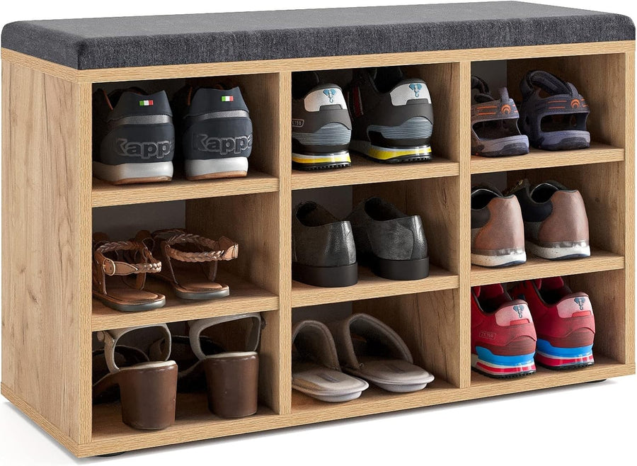 Honey Oak Grey Shoe Storage Bench with Cushion – Hallway Seat 80x30x50cm