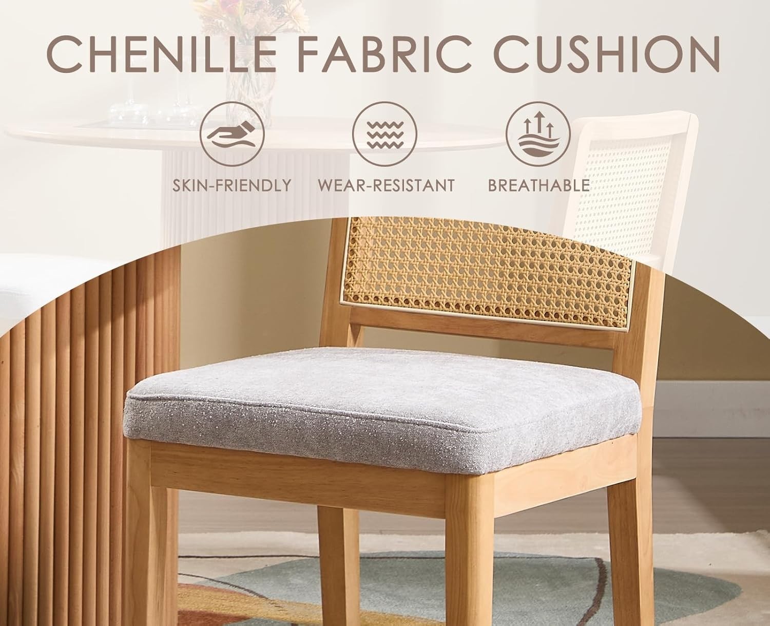 Grey Rattan Dining Chairs Set of 4 Upholstered Mid Century Solid Wood Seats