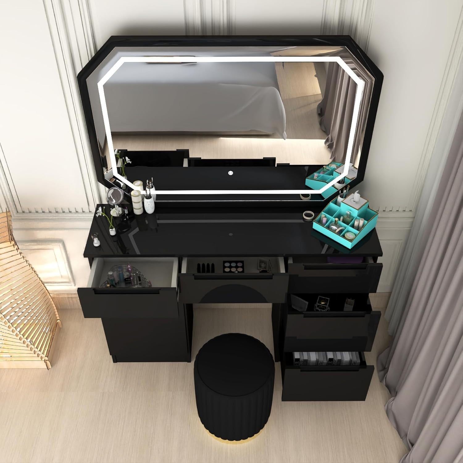 Vanity Dresser Table w/LED Mirror & Padded Stool 7 Drawers Black High Gloss
