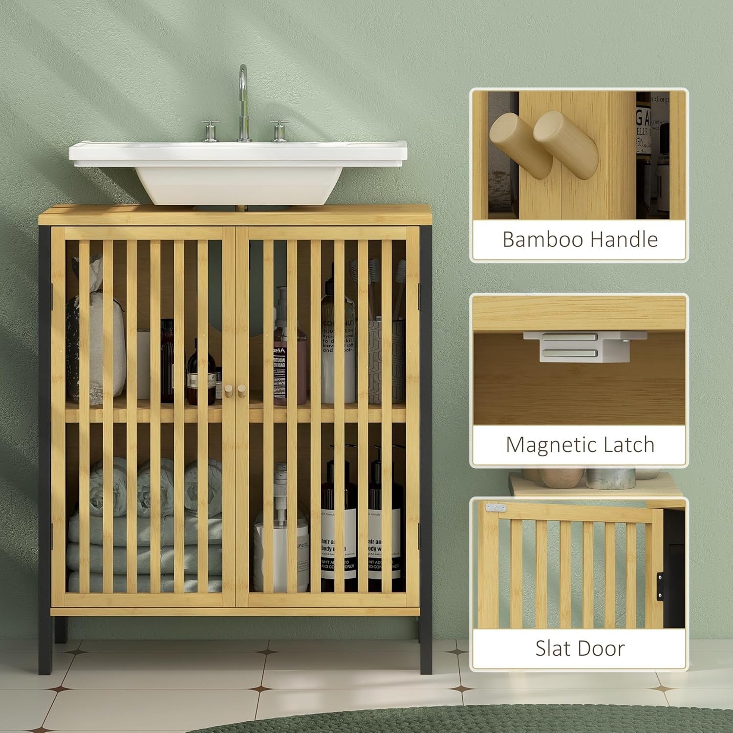 Bamboo Bathroom Sink Cabinet Under Sink Storage Unit with Adjustable Shelf