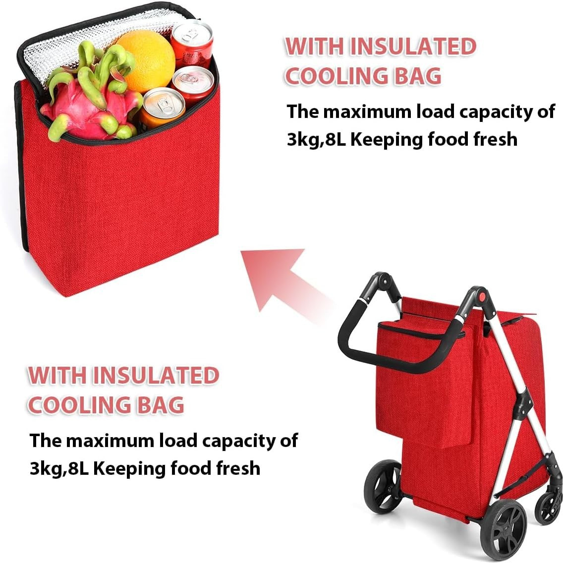 4 Wheel Grocery Shopping Trolley 46L | Foldable Aluminium Cart | Red