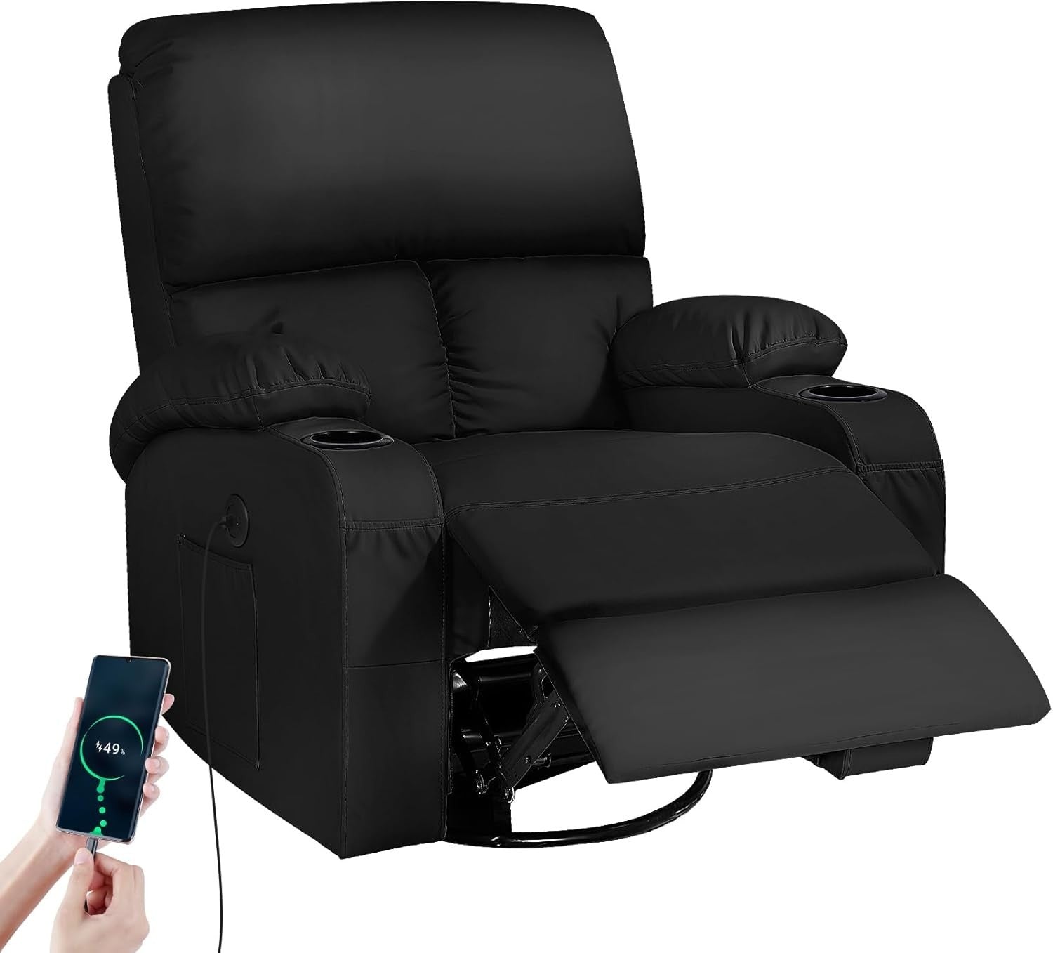 Massage Rocker Recliner Chair with Heat 360° Swivel USB Ports Vibration Black