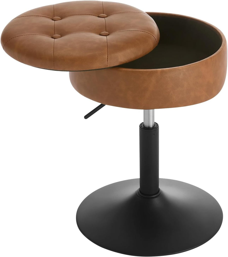 Brown Swivel Vanity Stool with Storage Vintage Faux Leather Adjustable Seat
