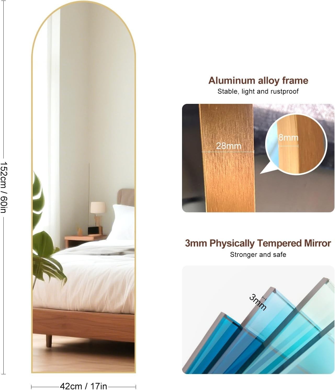 Full Length Arch Mirror 152x42cm Golden Frame Tempered Glass Free Standing