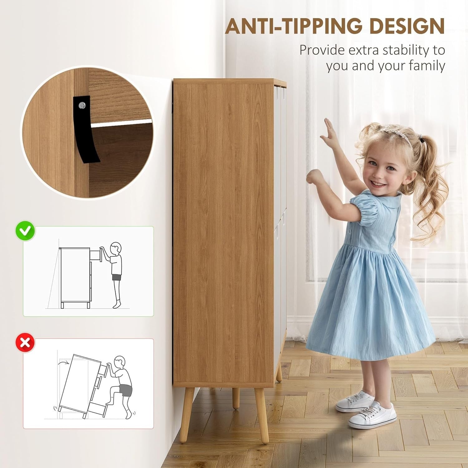 Slim Natural 4 Drawer Shoe Cabinet with Adjustable Shelves & Anti-Tip Straps