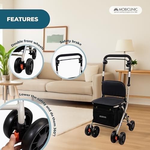 Shopping Trolley Walker with Seat Backrest Brake Foldable Rollator