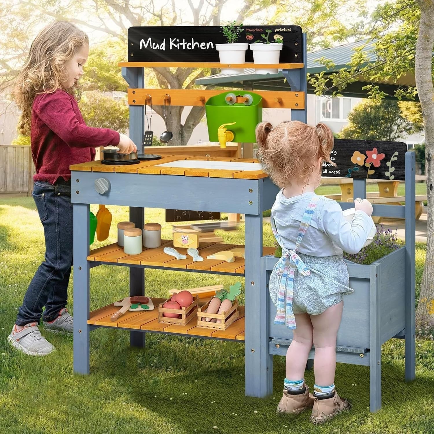 Outdoor Mud Kitchen for Kids w/ Planter Sink Gardening Toys