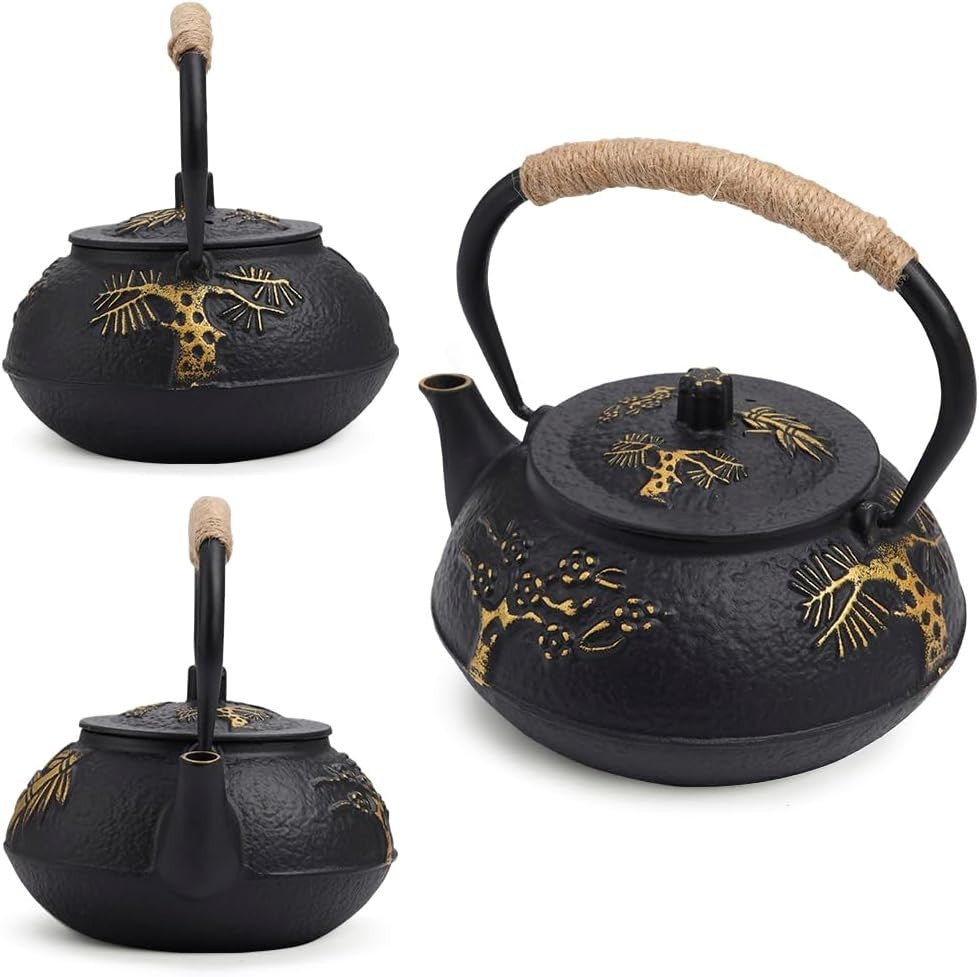 Cast Iron Teapot 0.9L Japanese Tea Kettle Infuser Strainer Black