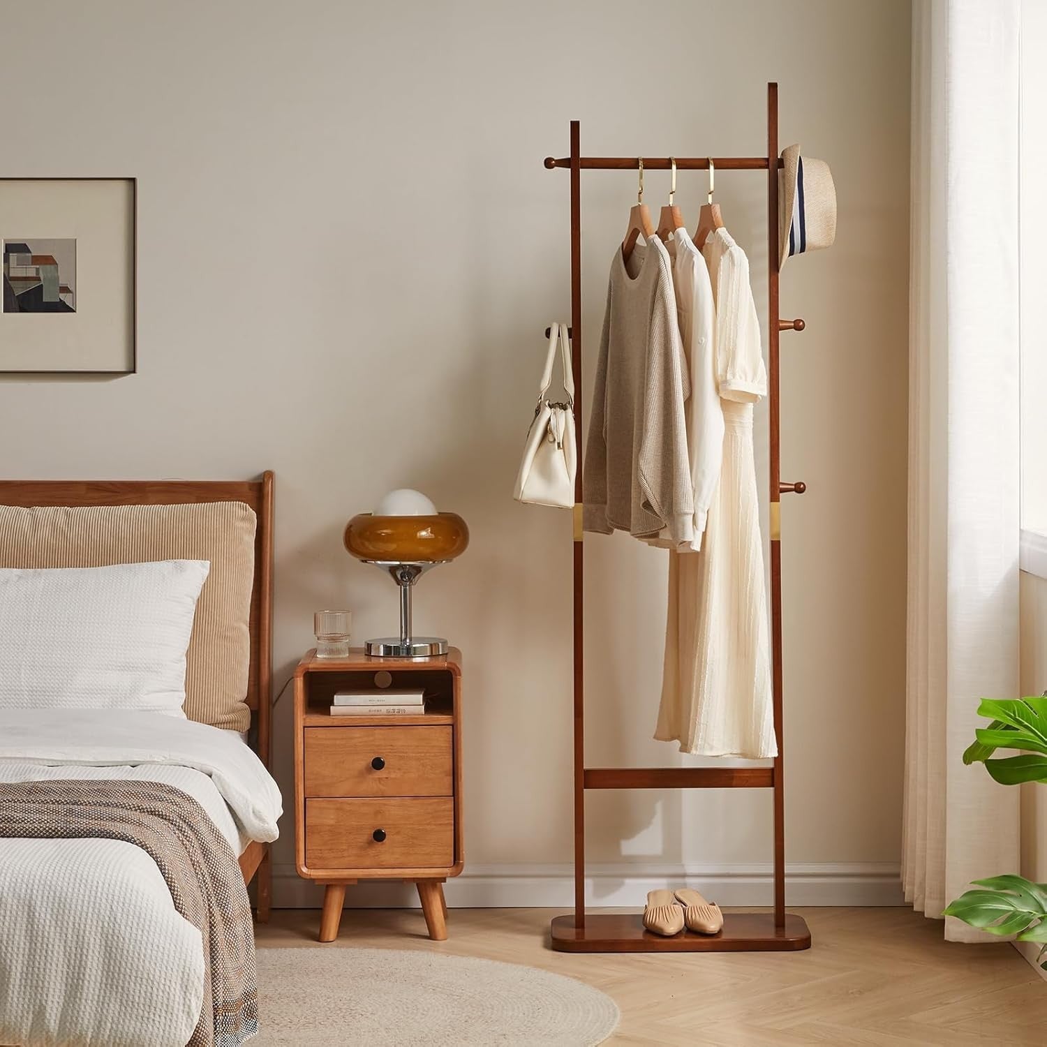 Modern Wooden Coat Rack Stand 180cm 5 Hooks Free Standing Clothes Organizer