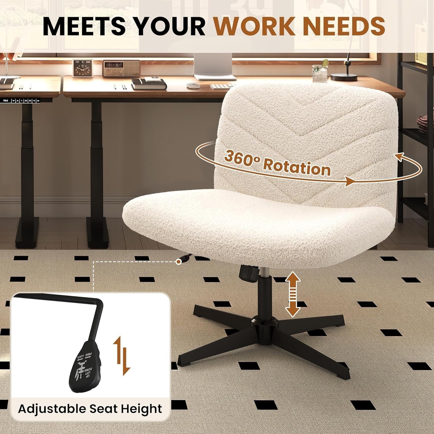 Boucle Office Desk Chair Adjustable Height Armless Swivel Ivory Home Study