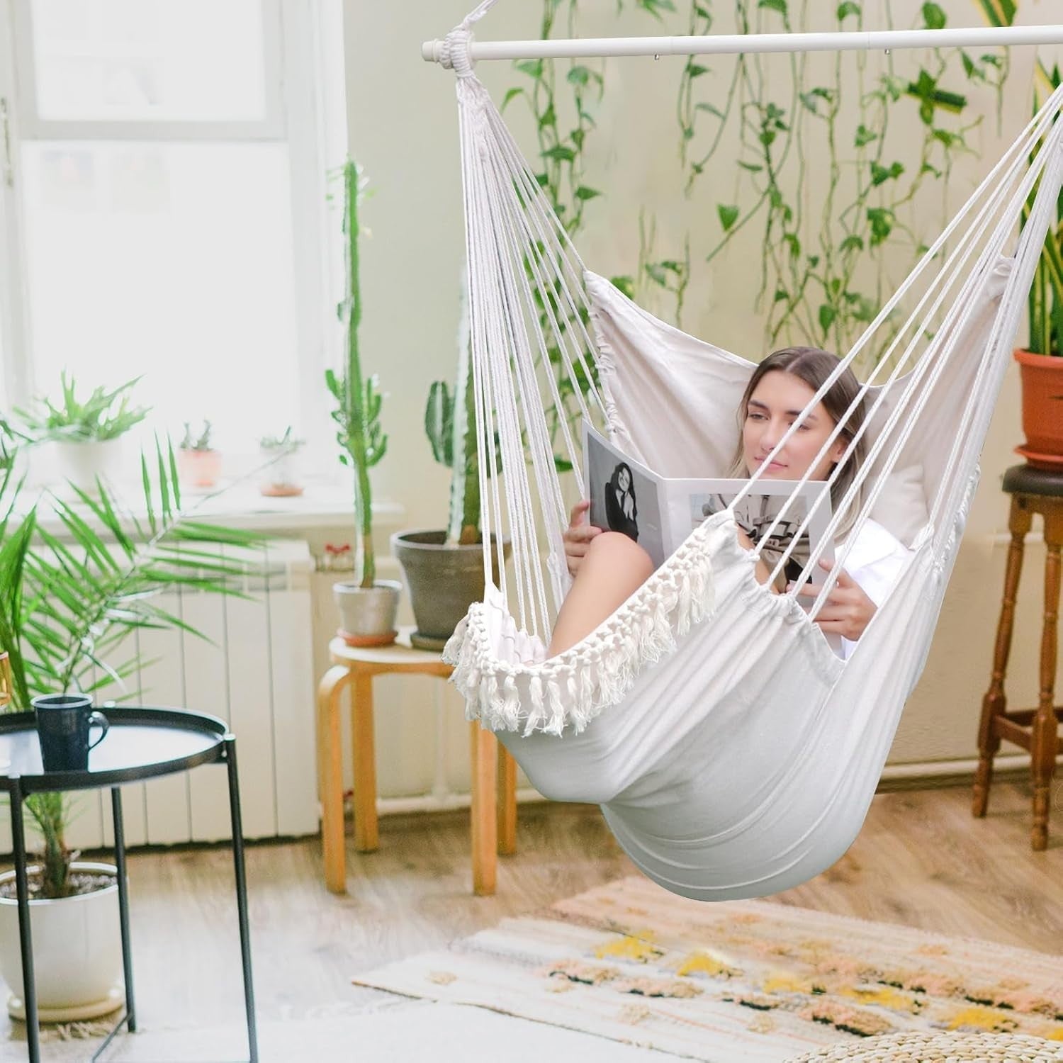 Cream Hammock Chair with Footrest & 2 Cushions | 550lbs Indoor Outdoor Swing