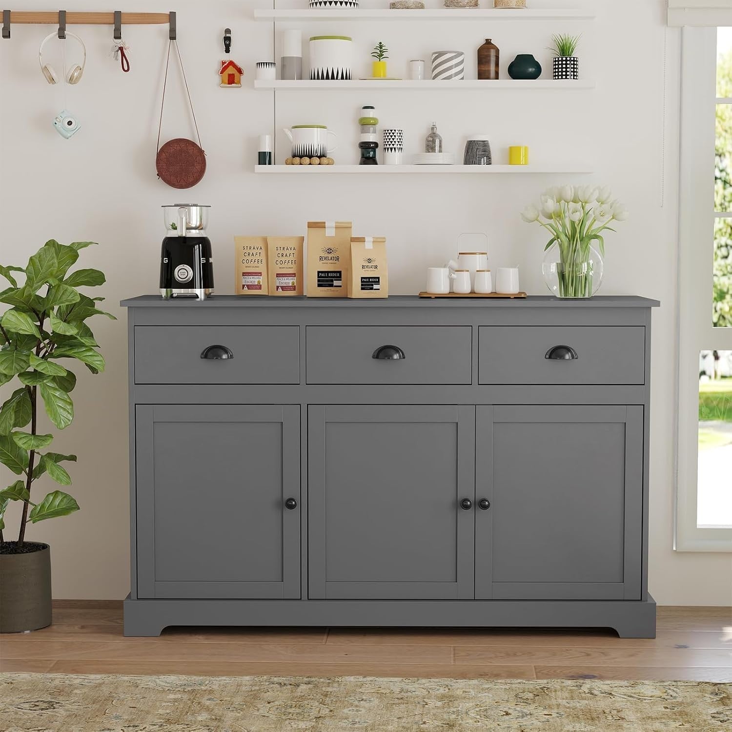 Grey Sideboard Storage Cabinet with Drawers & Adjustable Shelves Unit