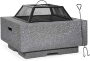 64cm Outdoor Square Fire Pit with BBQ Grill, Mesh Safety Lid & Heat-Resistant