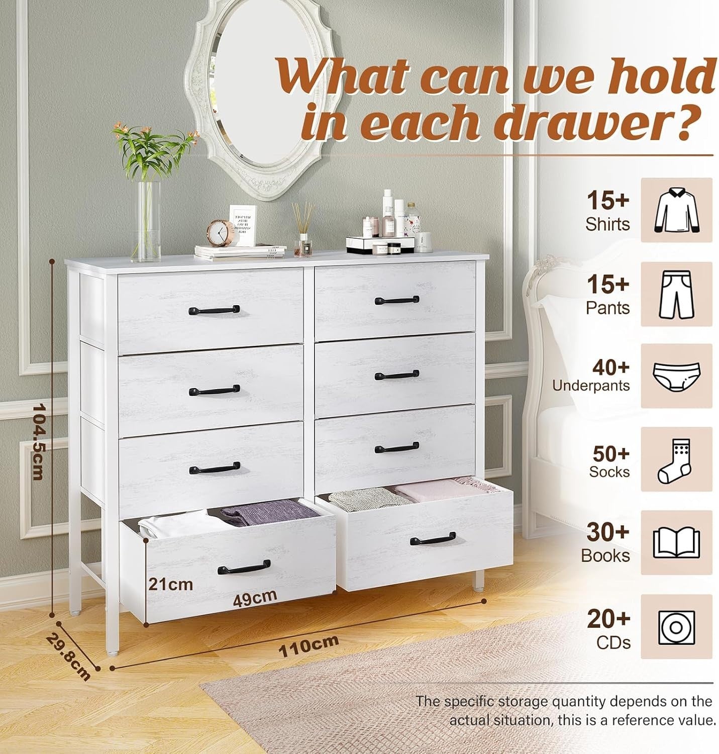 8 Drawer Wide White Chest Storage Cabinet Bedroom Dresser Modern